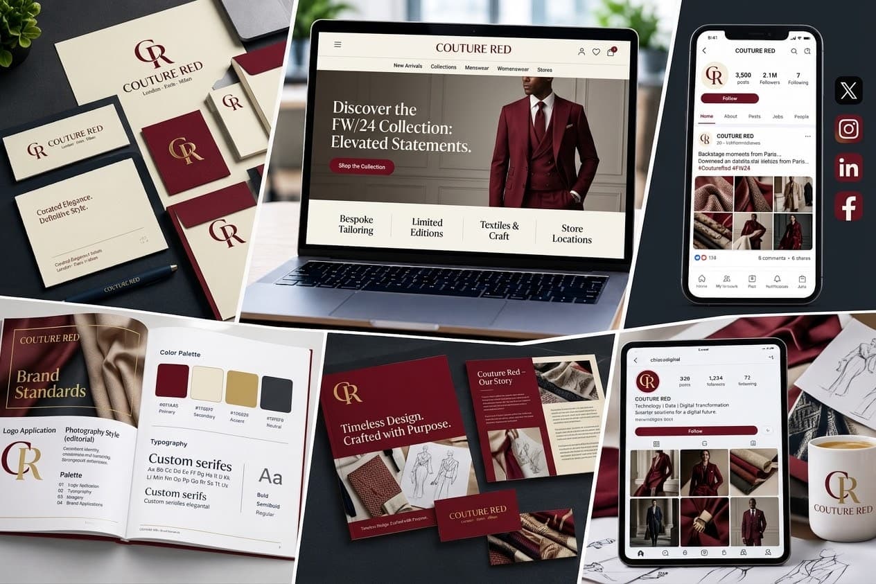 Brand Identity and Digital Presence showing visual branding, website, social media, and digital brand assets