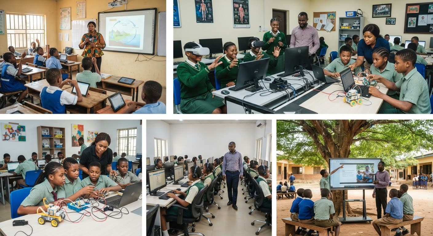 Smart School Technology Implementation showing interactive classroom technology and digital learning devices
