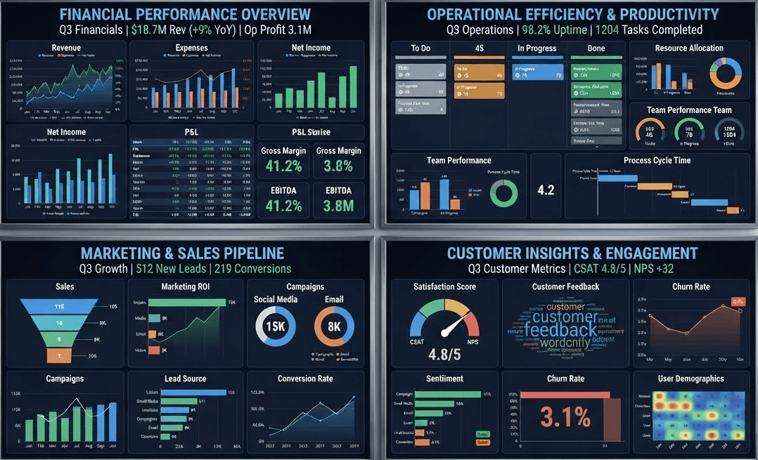 Management Analytics Dashboard showing data visualizations, performance indicators, and management reporting screens
