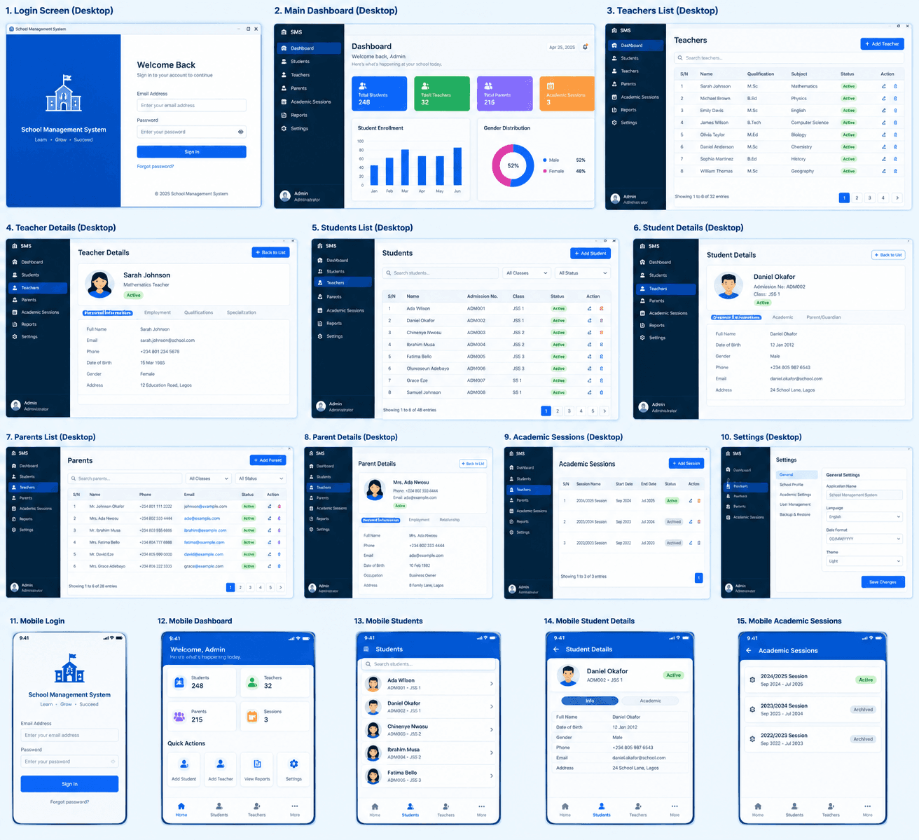 School Management System interface collage showing selected application screens
